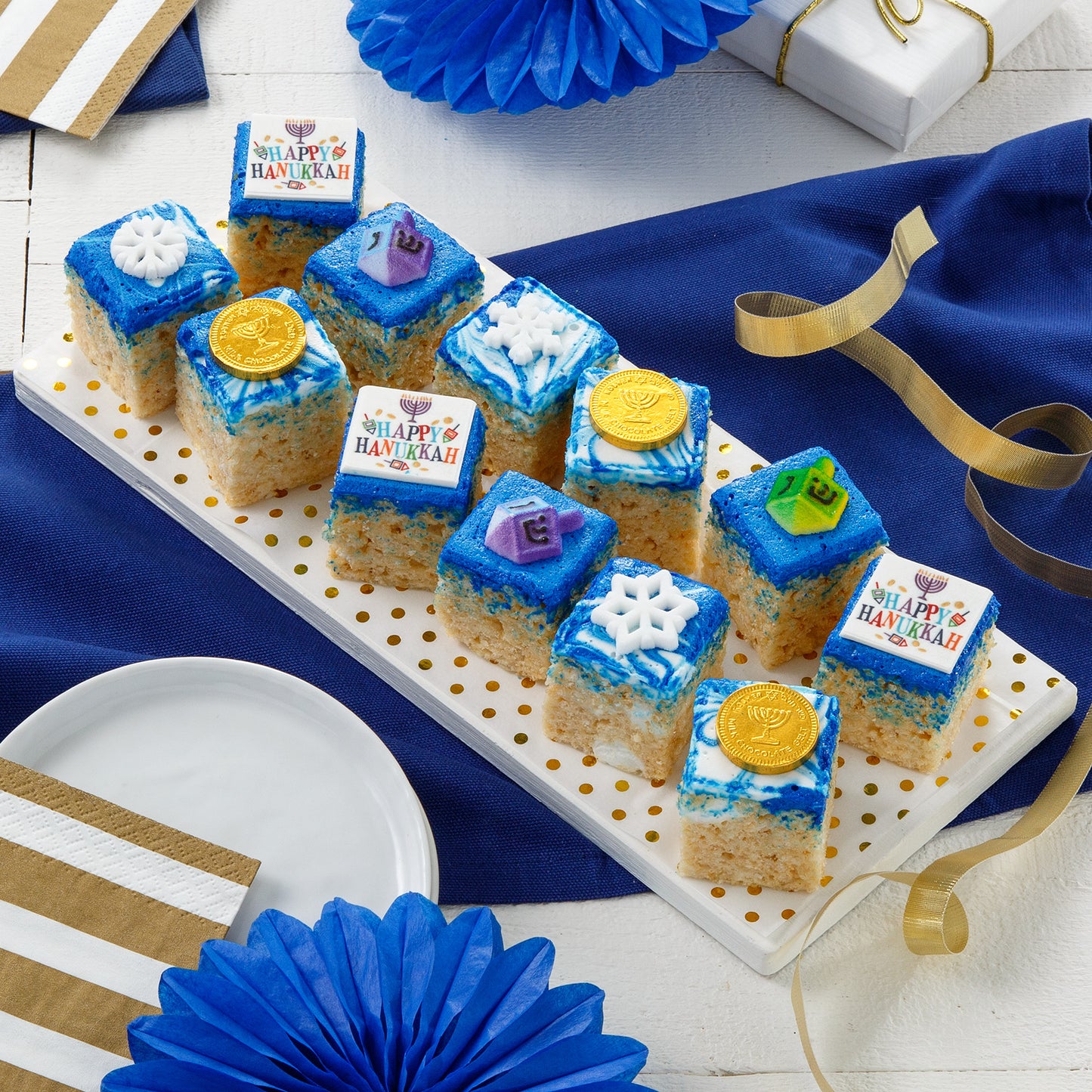 An assortment of Hanukkah-decorated rice krispie treats