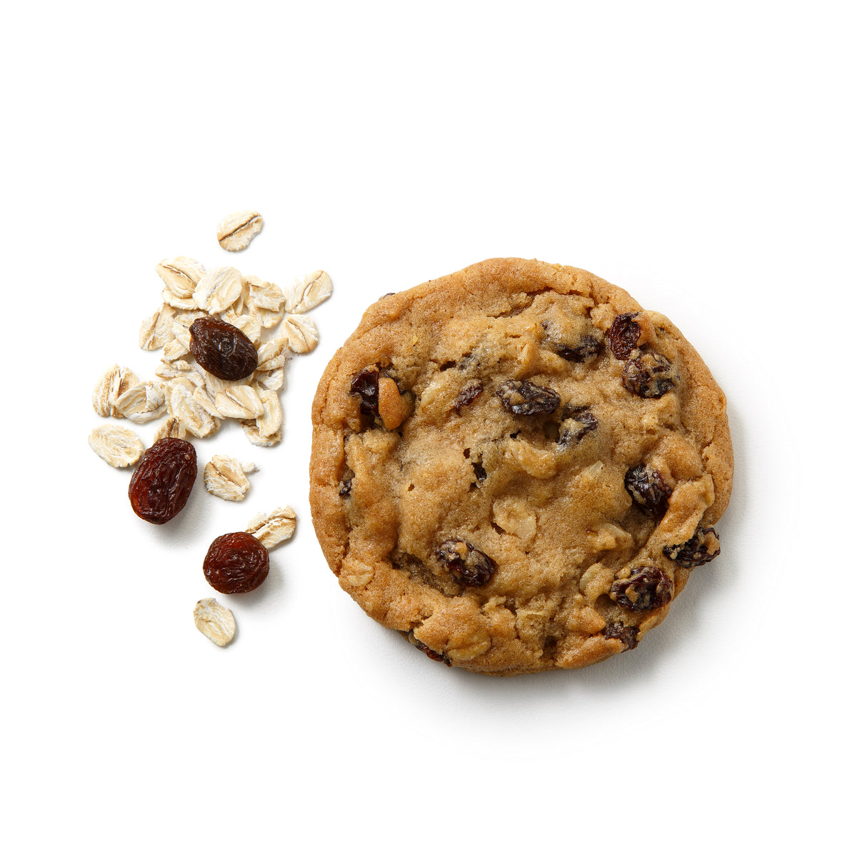 A round oatmeal raisin cookie with visible oats and raisins, photographed on a clean white background.