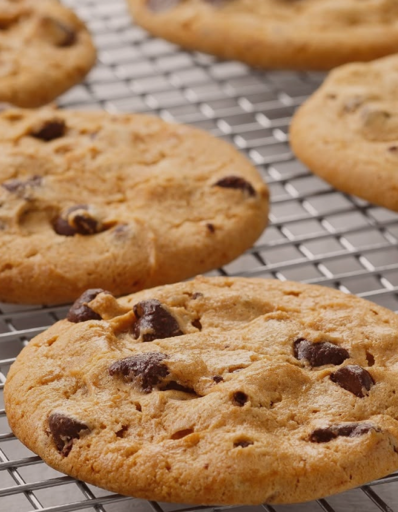Golden-brown chocolate chip cookies cooling on a metal wire rack.