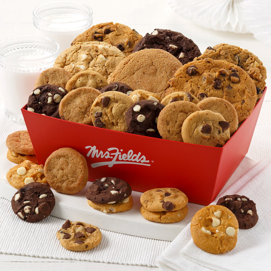 Signature red Mrs. Fields Crate filled with cookies and Nibblers® Bite-Sized Cookies