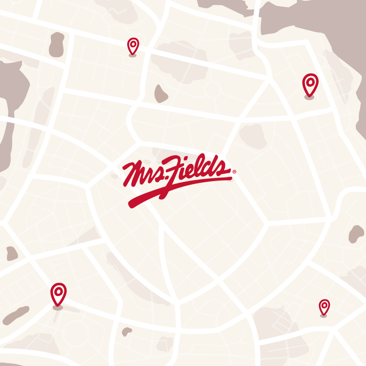 A stylized map graphic with the brand name 'MrsFields' in red script at the center and several red location pin icons scattered across the map.