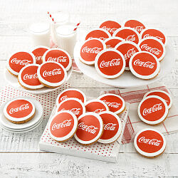 Custom logo cookies on red frosting