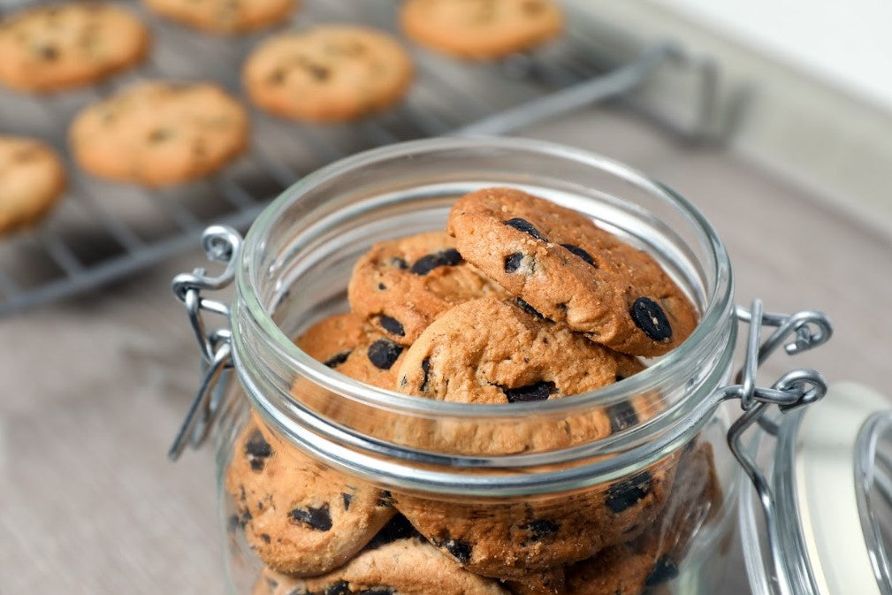 Chocolate chip cookies in a jar for storage 