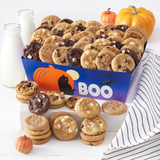 Blue Halloween themed crate with a Boo sentiment that has a pumpkin and black cat. This crate is filled with an assortment of Nibblers®