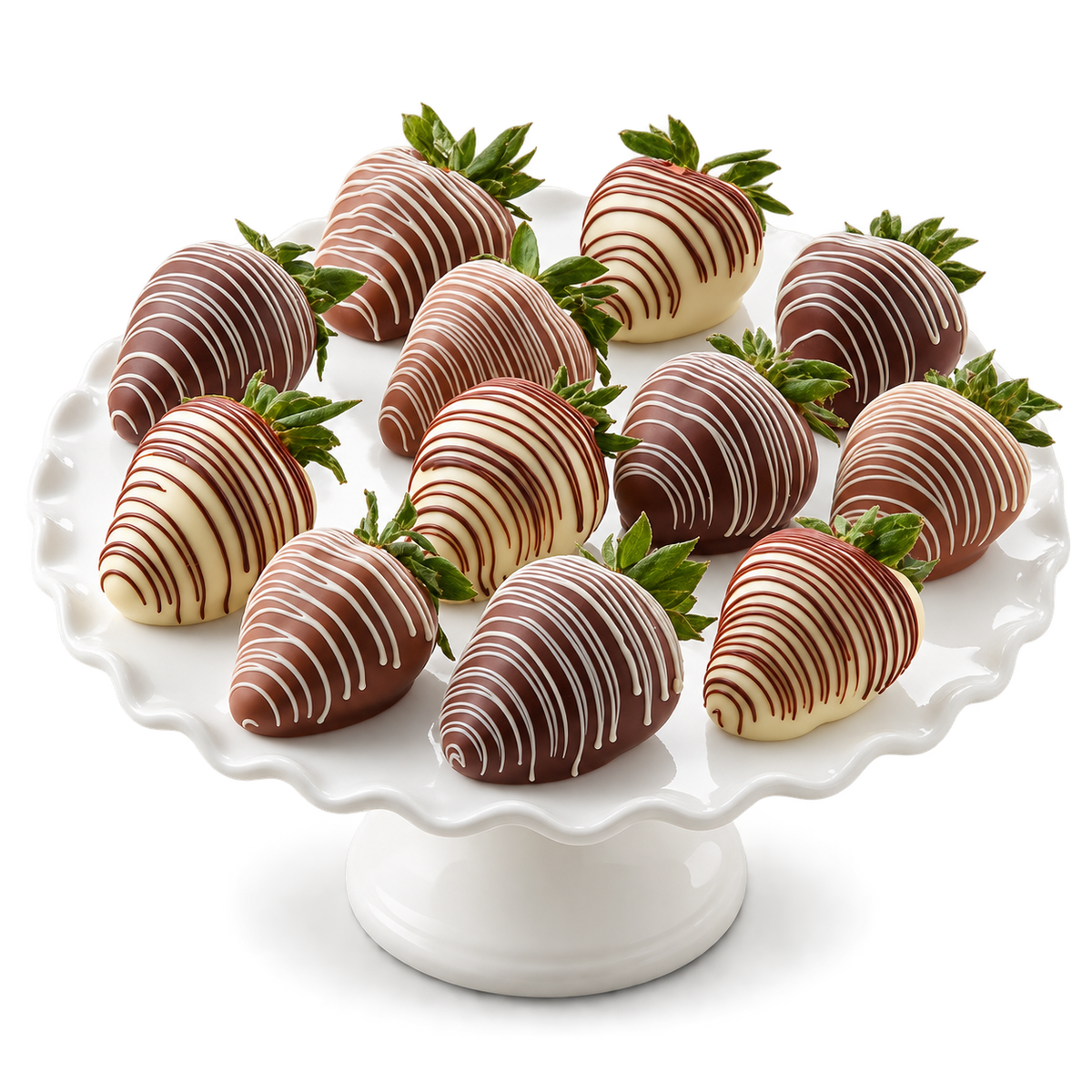 A dozen chocolate covered strawberries dipped and drizzled in dark, milk, and white chocolate.