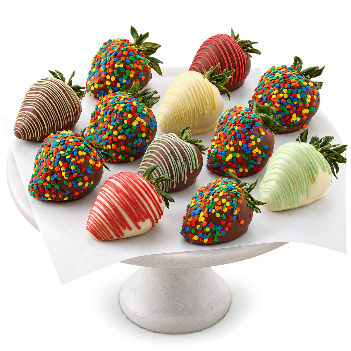 A dozen chocolate covered strawberries, some decorated with colorful red, orange, yellow, blue, and green sprinkles, and some drizzled with different colors of white chocolate.