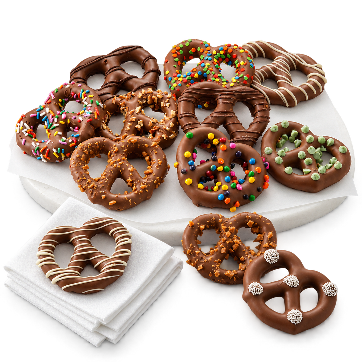 A variety of chocolate-covered pretzels with different toppings, such as sprinkles, candies, and toffee, on a white surface.