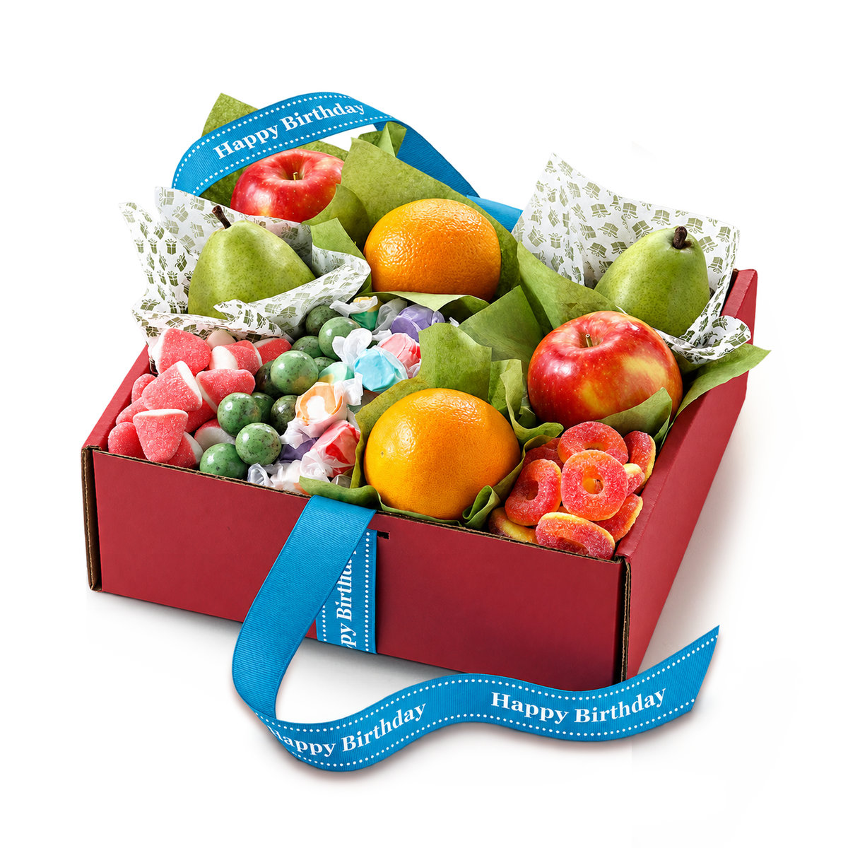 A red gift box filled with assorted fresh fruit, candy, and green leaves, tied with a blue 'Happy Birthday' ribbon on a white background.