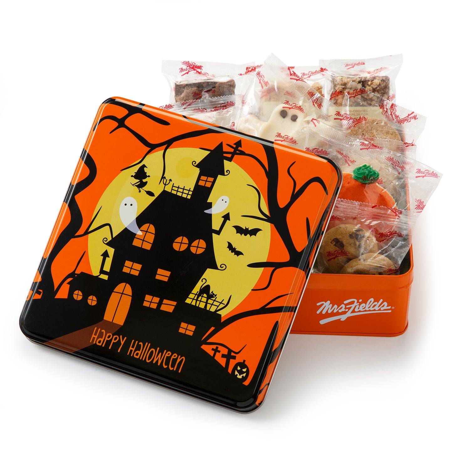 A Happy Halloween gift tin decorated with a spooky haunted house and filled with an assortment of packaged cookies