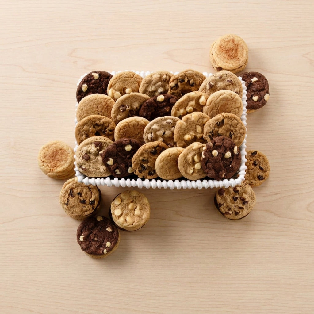 An overhead view of a white basket of assorted cookies on a light wood tabletop surface.