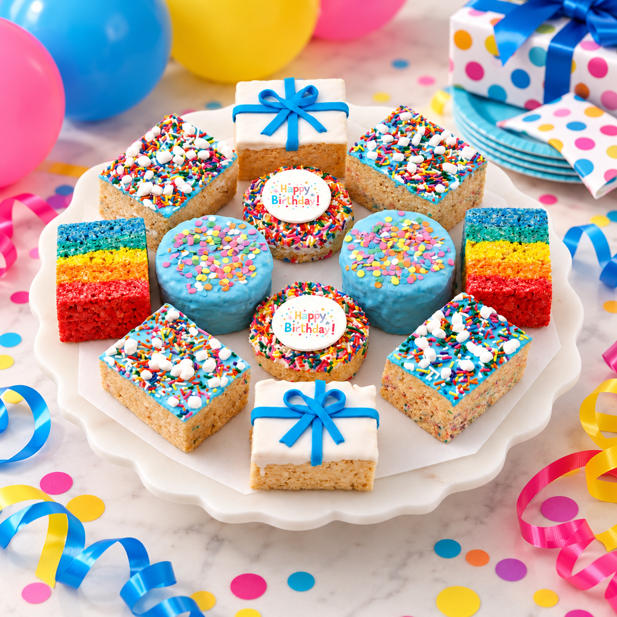 A white scalloped cake stand filled with colorful birthday-themed treats, including blue-frosted cookies, rainbow-striped rice cakes, and square pieces topped with sprinkles. Several pieces are decorated with blue bows or white icing bows, and three pieces have round 'Happy Birthday' toppers.