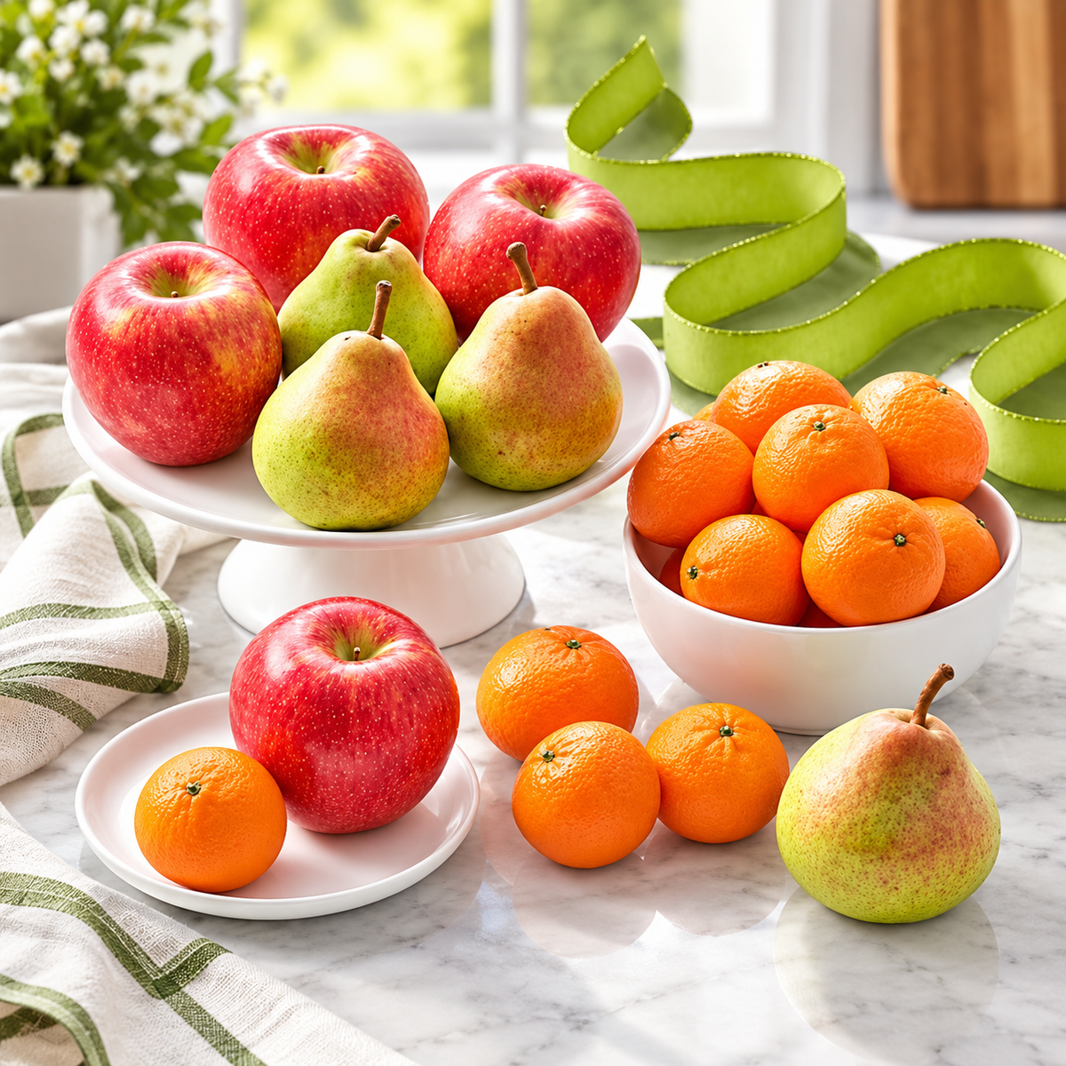 A styled fruit arrangement on a white marble surface with white dishes, including red and green apples, pears, oranges, and a green ribbon in the background.