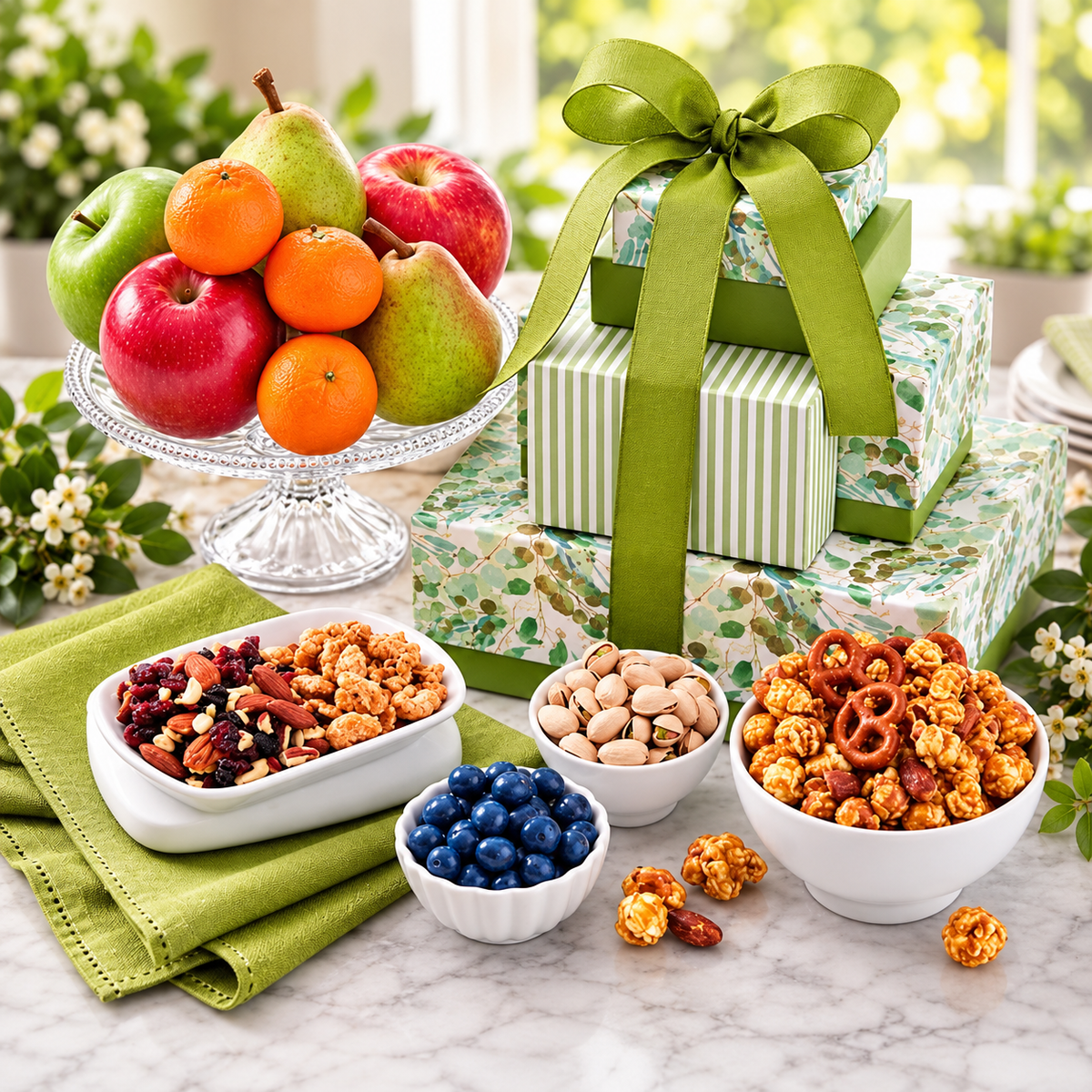 A gift basket arrangement on a marble surface featuring a glass pedestal bowl of mixed fruit, a stack of wrapped gift boxes tied with a large green ribbon, and several white bowls of snacks including blueberries, nuts, pretzels, and caramel popcorn. The scene is styled in a bright kitchen or gift setting with flowers and natural light.