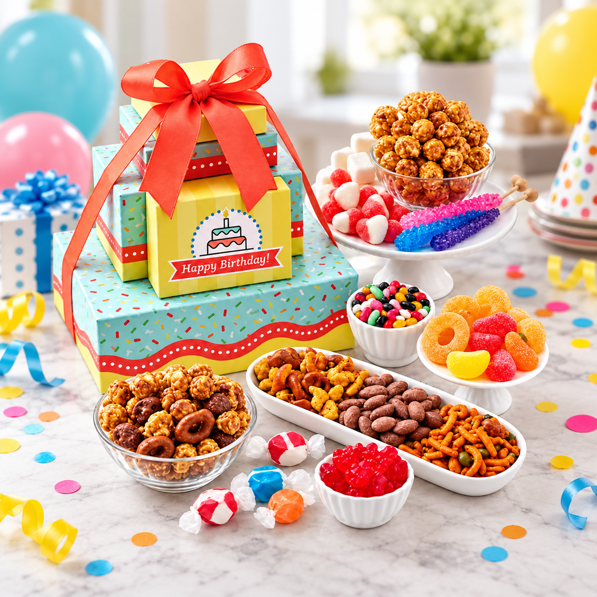 A colorful birthday gift set featuring stacked gift boxes with a red ribbon and a 'Happy Birthday!' card, surrounded by assorted treats including popcorn, candy, pretzels, and gummy candies on a decorated party table.