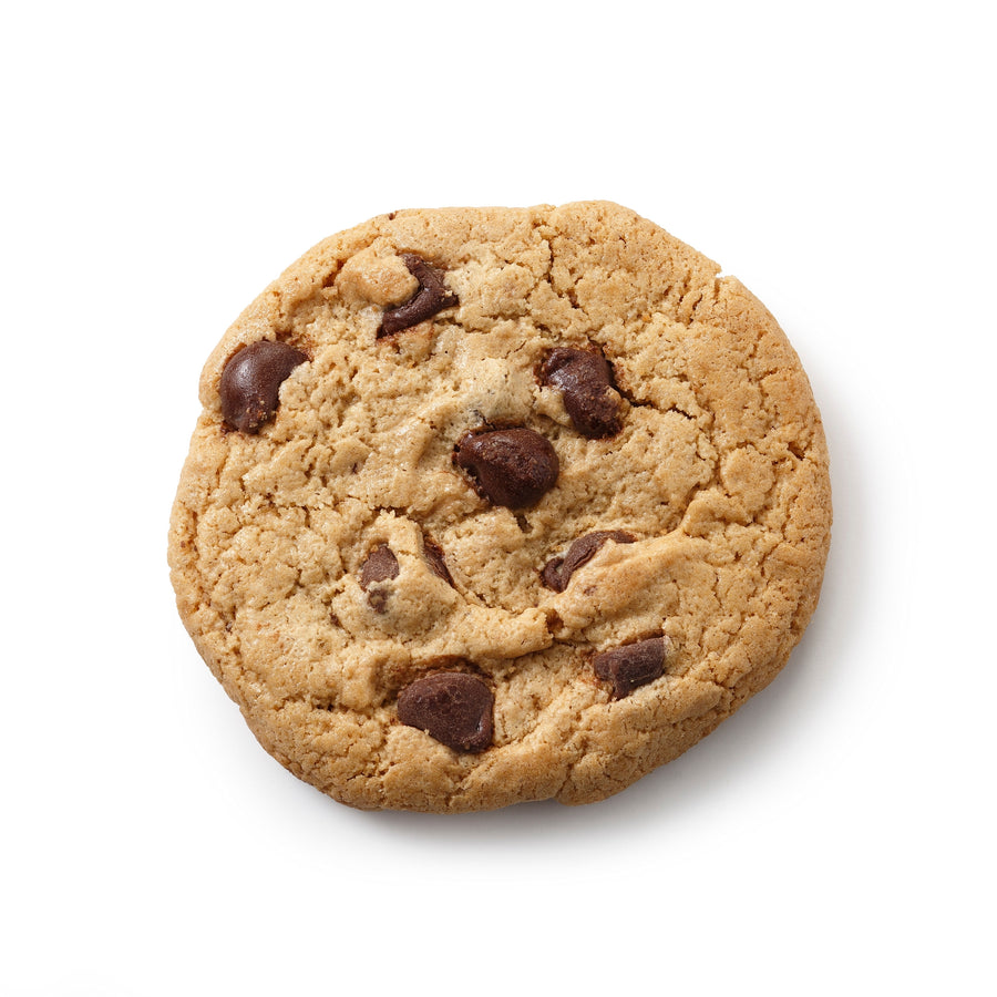 A single chocolate chip cookie photographed from above on a clean white background.