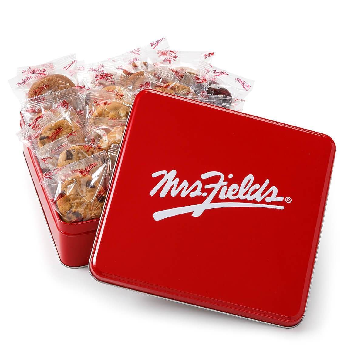 Mrs. Fields nibblers cookie tin with plastic wrapped cookies