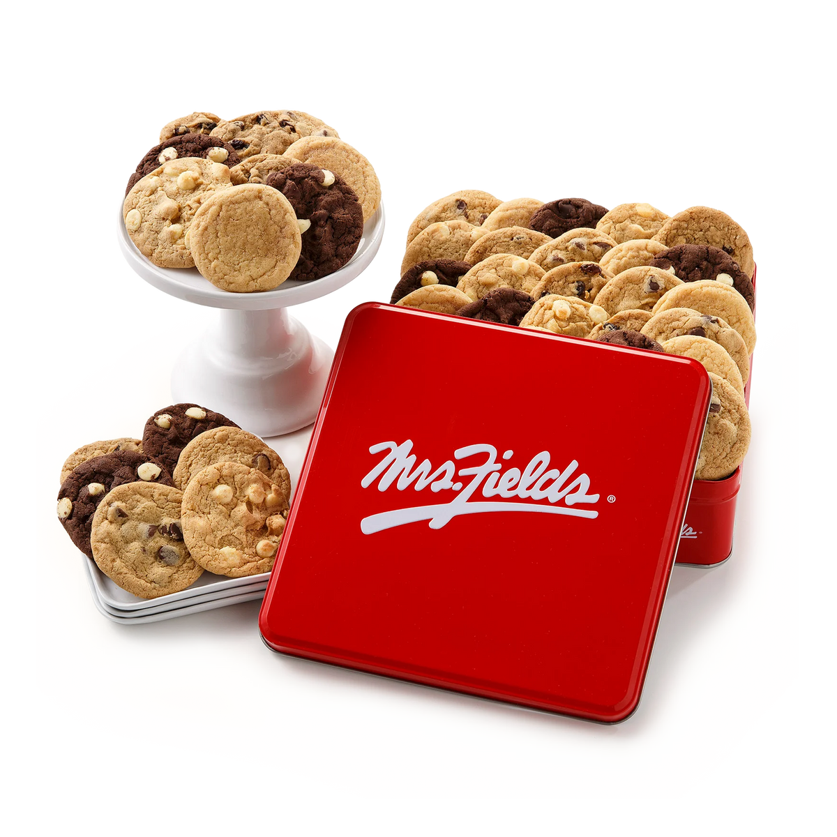 Mrs Fields Nibbler Bite Sized Cookies in a red tin