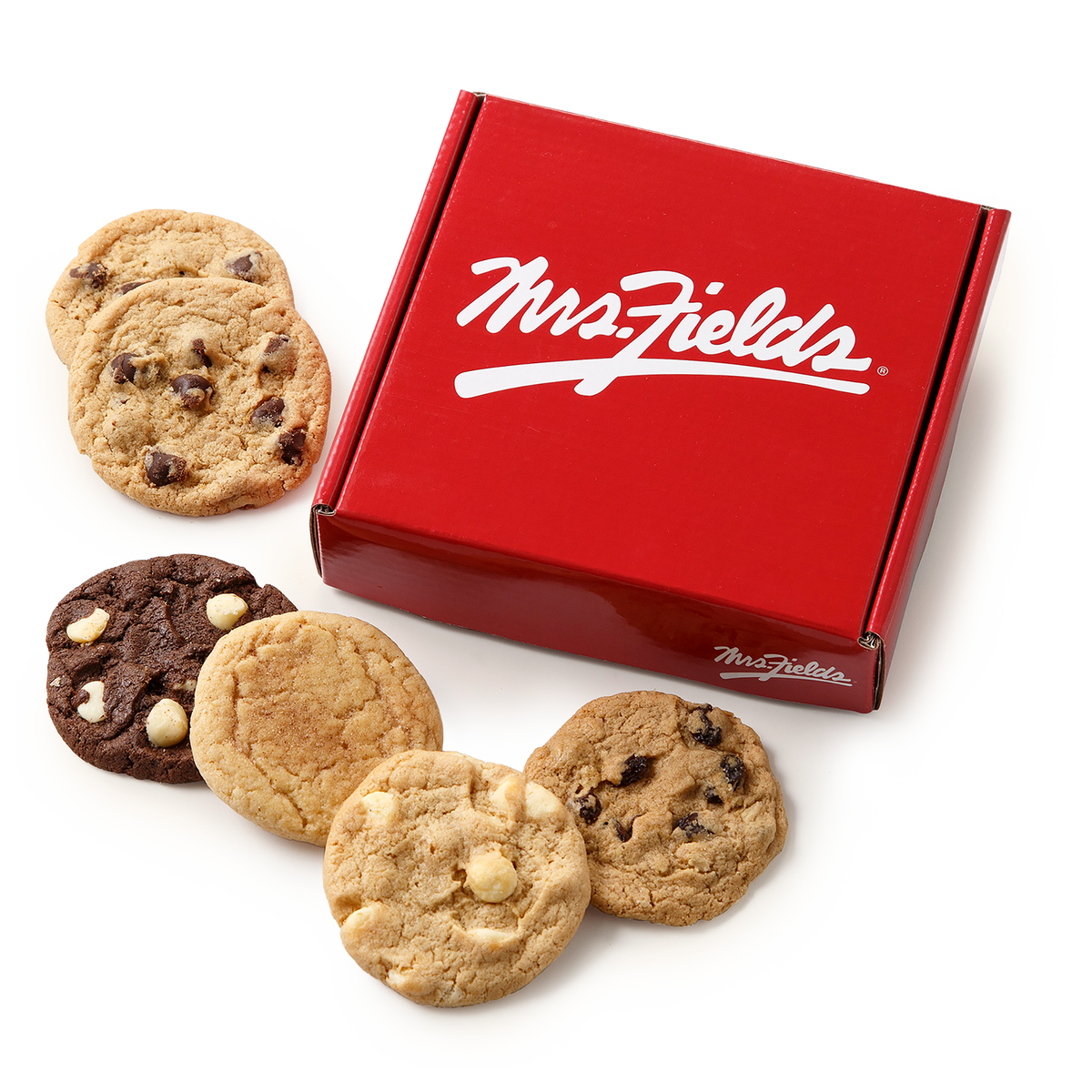 A red Mrs. Fields gift box with white script branding, surrounded by assorted chocolate chip and white chocolate chip cookies on a clean white background.