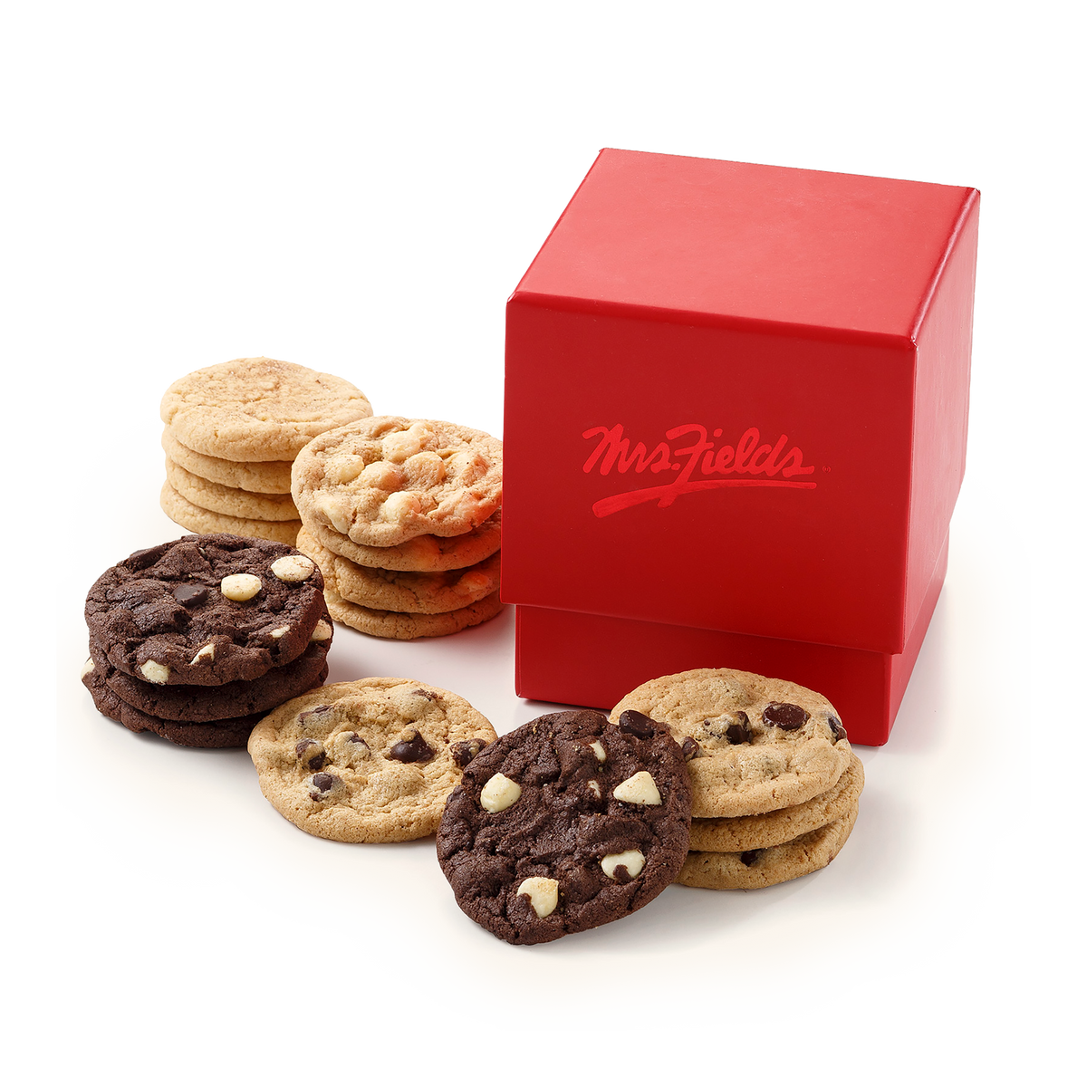 A red square gift box with the MrsFields logo, surrounded by assorted cookies including chocolate chip and white chocolate chip cookies on a white background.