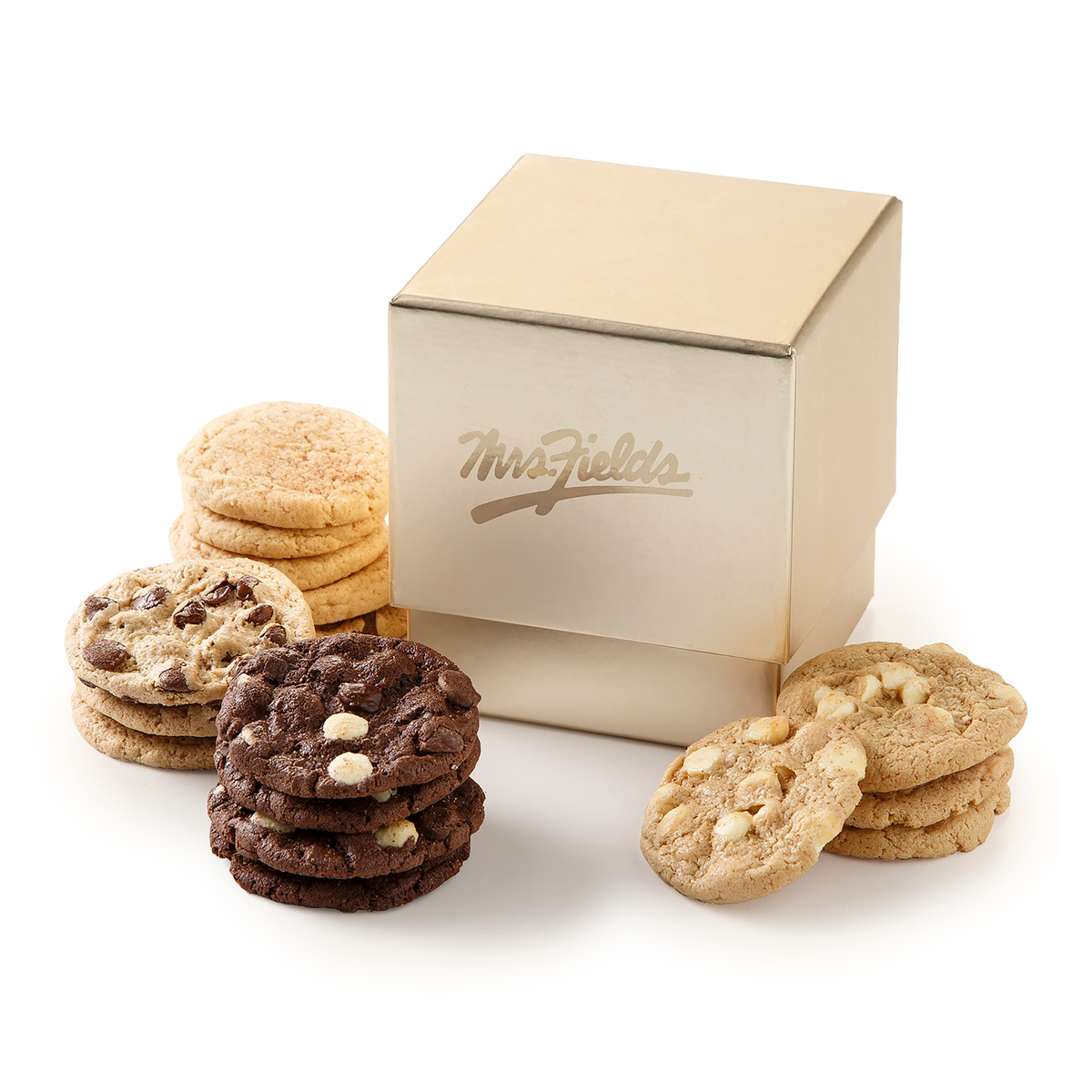 A gold Mrs. Fields gift box surrounded by assorted cookies, including chocolate chip cookies and oatmeal cookies, on a clean white background.