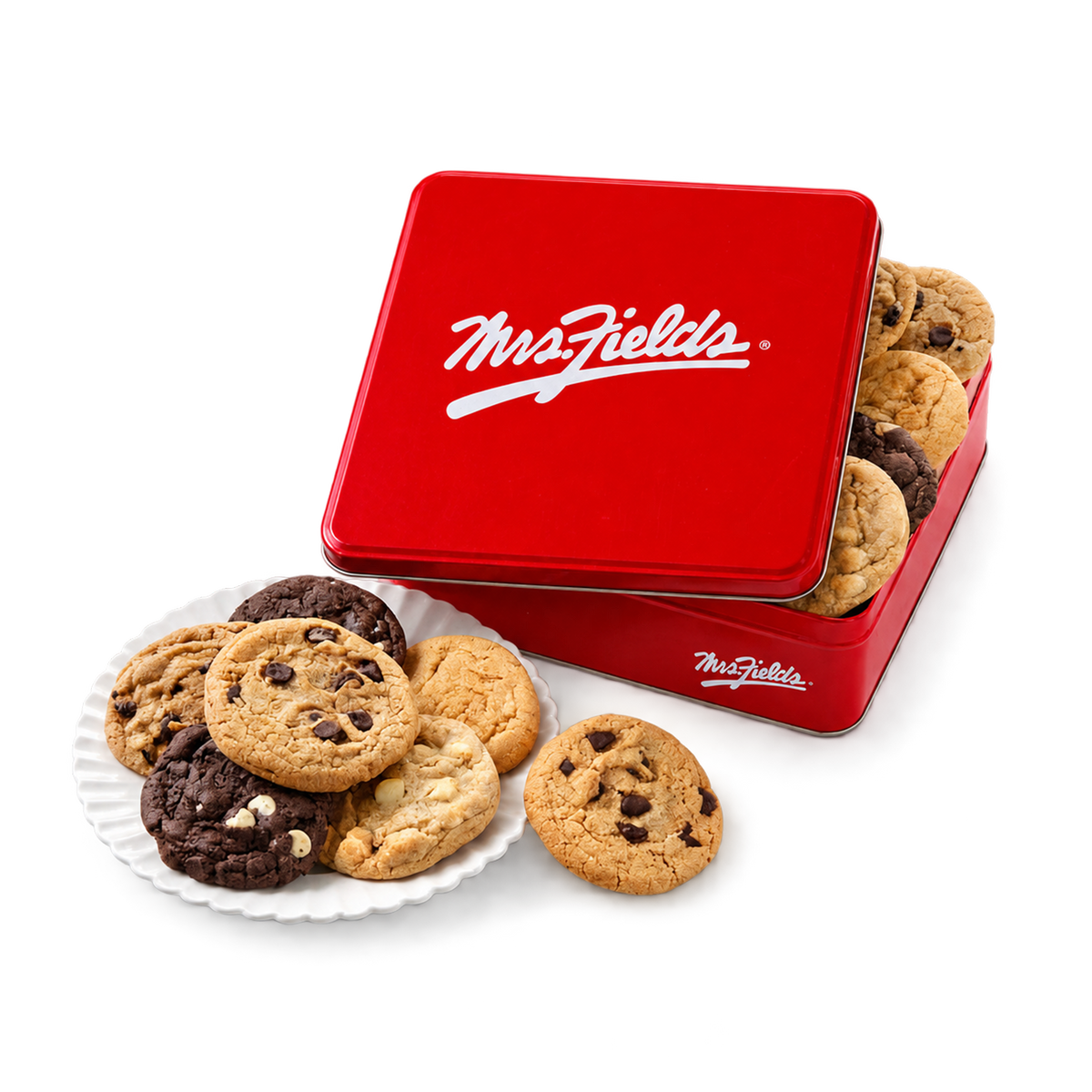 Square Mrs. Fields cookie tin with assorted cookies on a white plate.