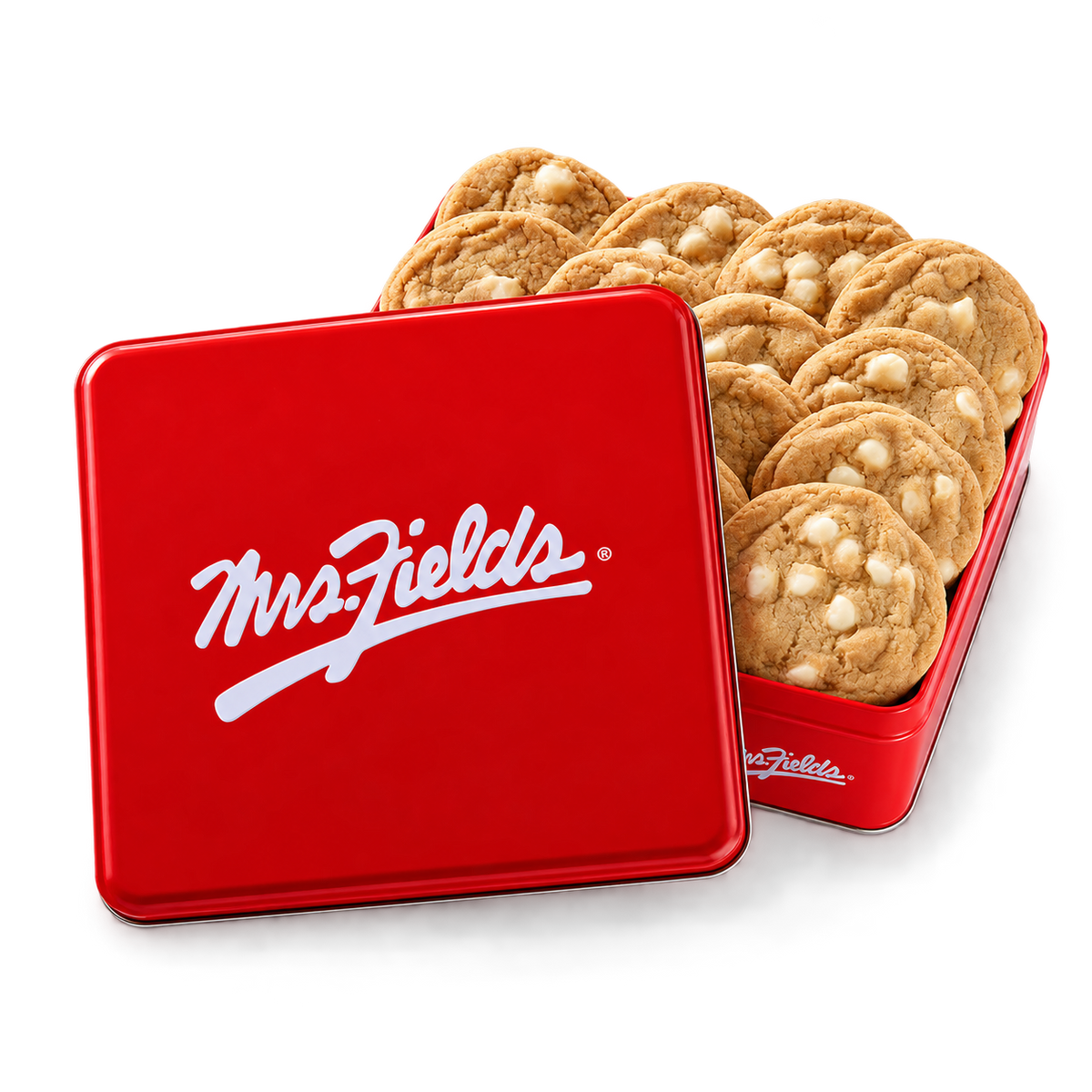 A red metal cookie tin with the Mrs. Fields logo on the lid, shown open with chocolate chip cookies inside on a white background.