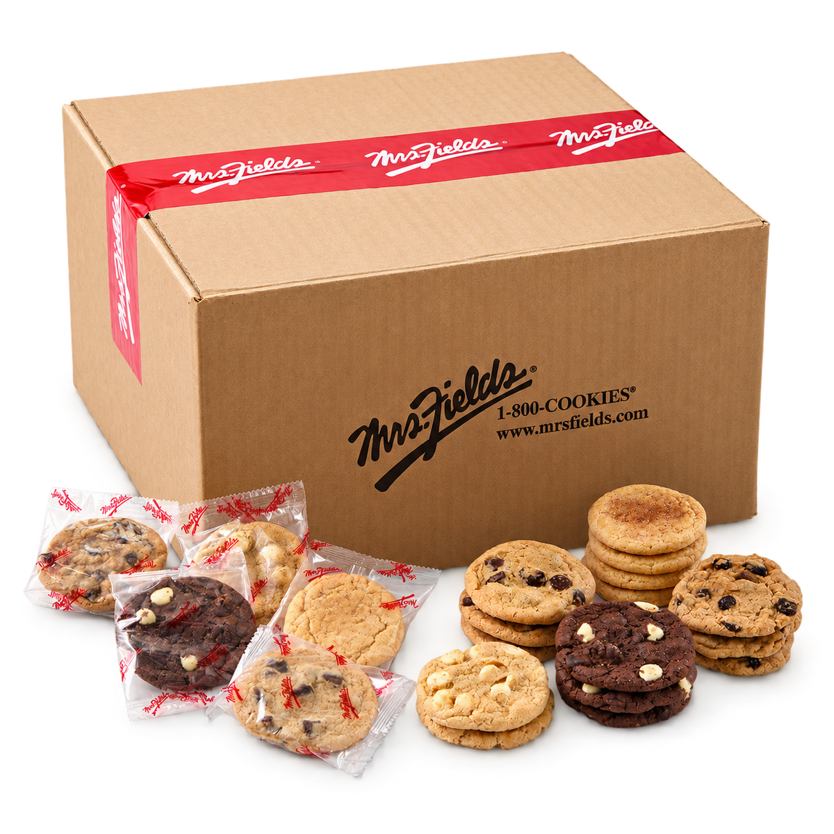 A large brown cardboard gift box with red Mrs. Fields branding and several assorted cookies displayed in front on a white background.