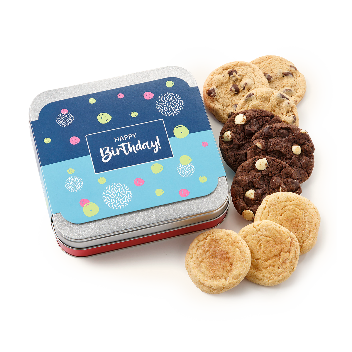 A square birthday cookie tin with a blue and light blue 'Happy Birthday!' design, shown next to assorted cookies on a white background.