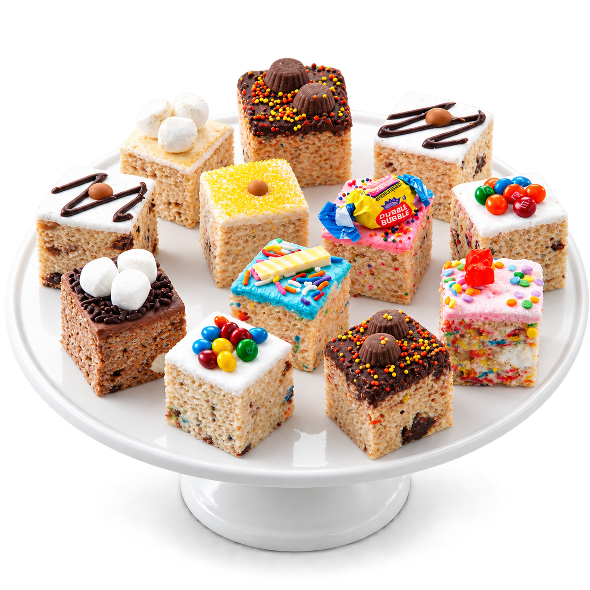 an assortment of rice Krispie treats topped with candy and sprinkles 