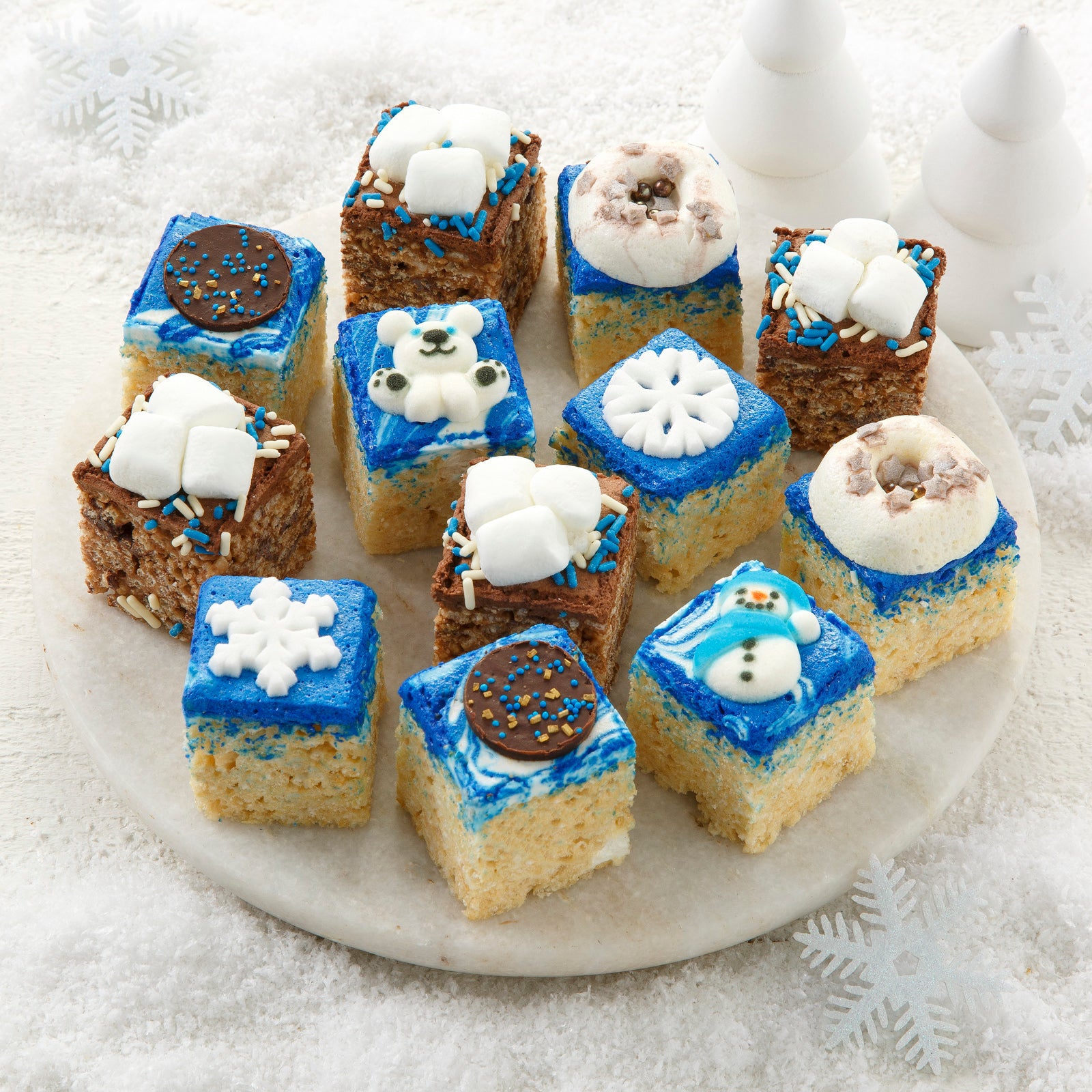 An assortment of winter-decorated rice krispie treats