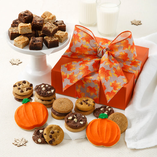 Orange gift box tied with fall themed orange ribbon with an assortment of Nibblers®, brown bites, and two frosted pumpkin cookies surrounding it