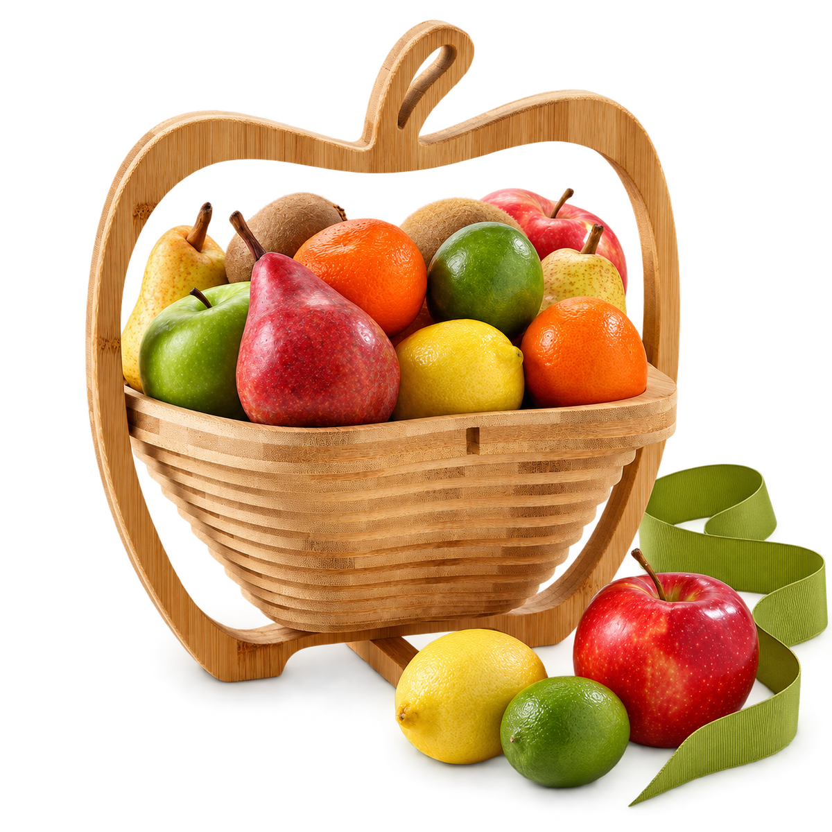 An apple shaped wooden basket filled with an assortment of fruit