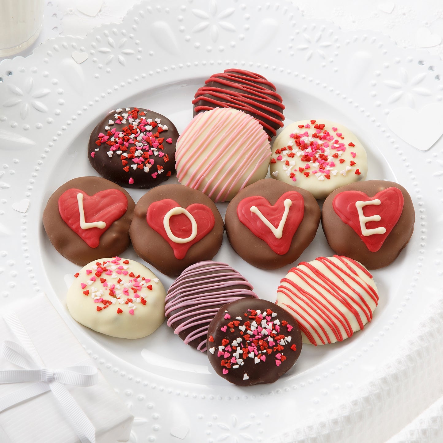One dozen chocolate covered Valentine's Day themed nibblers