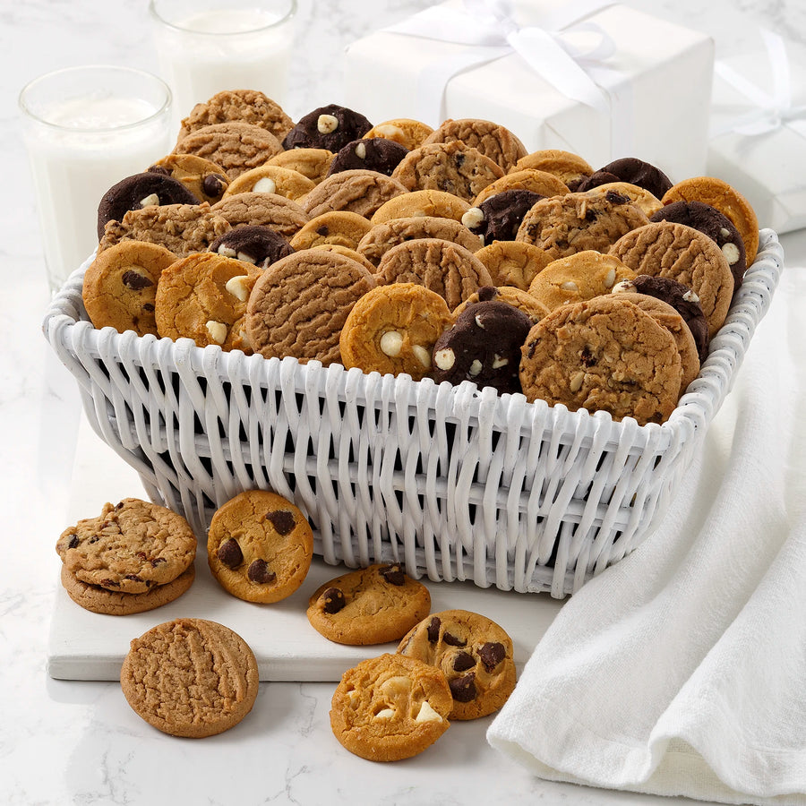 A white wicker basket filled with Nibblers® bite-sized cookies
