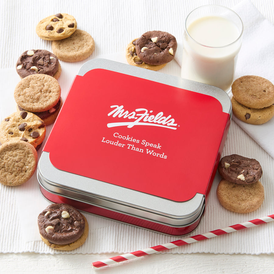 Mrs. Fields Signature Tin surrounded by Nibblers Bite Sized Cookies