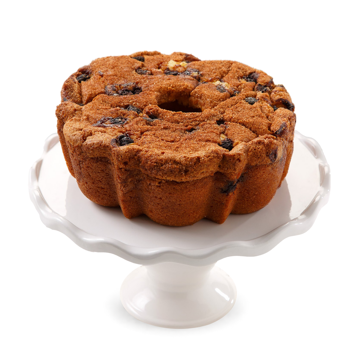 A ring-shaped blueberry cake, presented on a white pedestal cake stand.