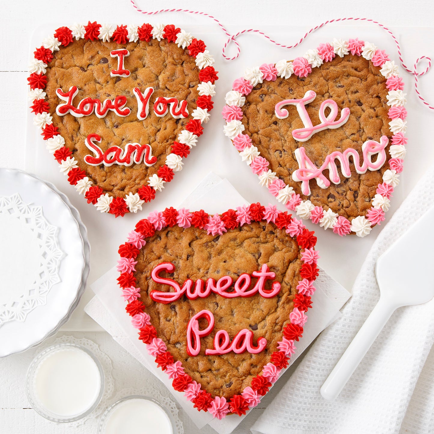 An assortment of customer heart cookie cakes