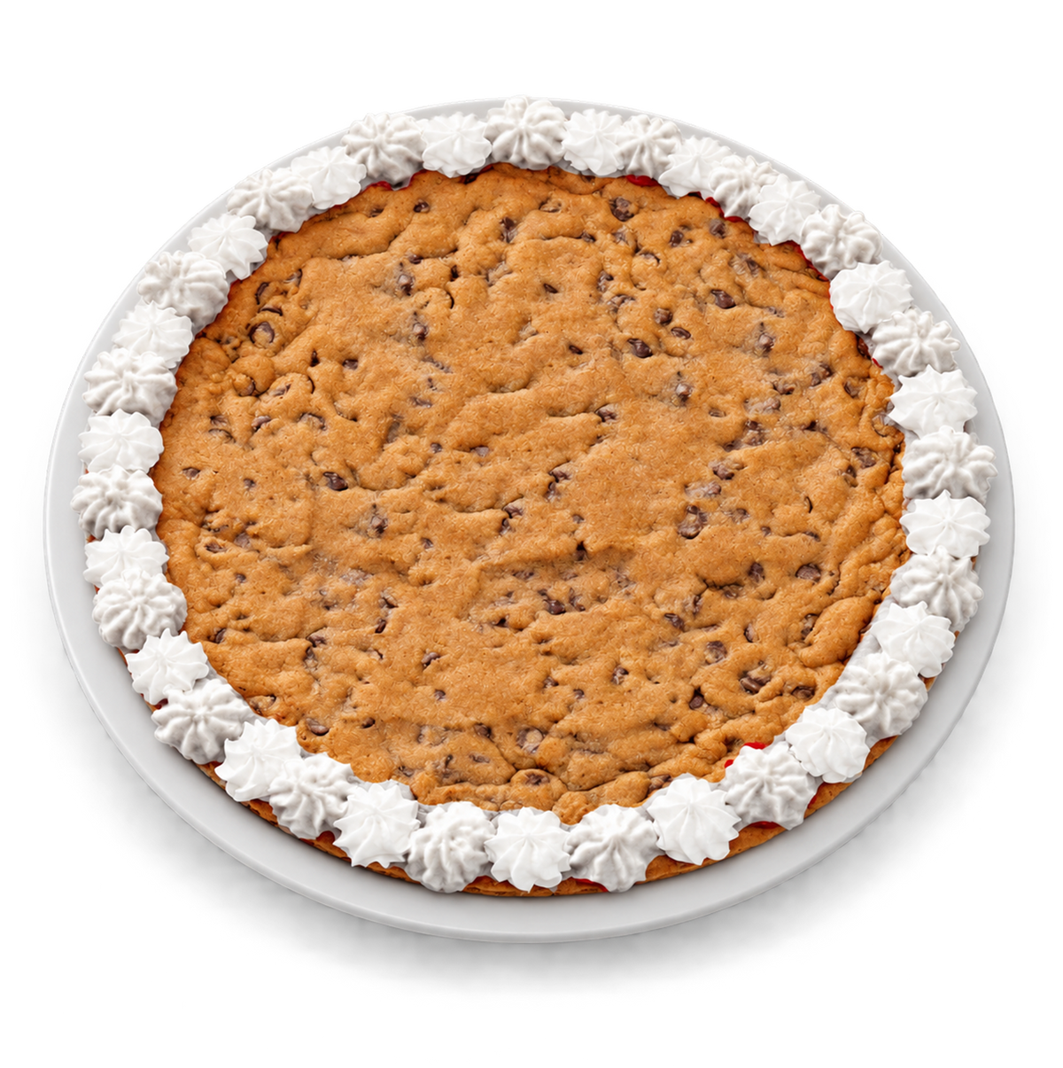 A large chocolate chip cookie with piped white whipped frosting around the edge, served on a white plate against a clean white background.