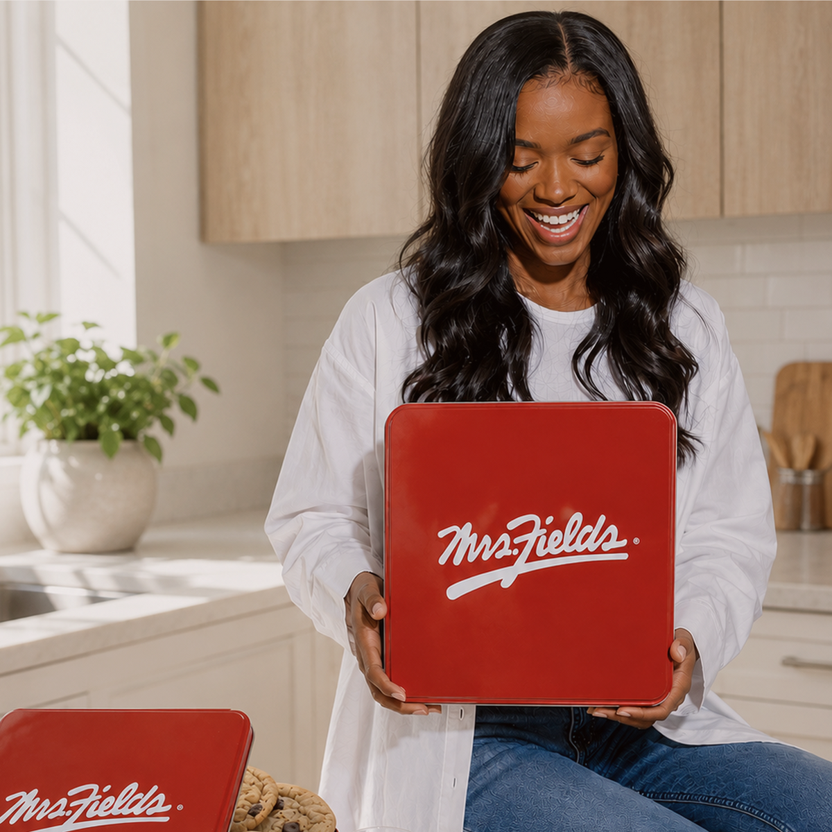 A woman smiling in a bright kitchen while holding a red Mrs. Fields storage box.