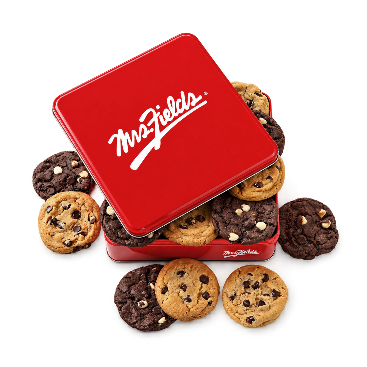 A red square metal cookie tin with the white Mr. Fields logo on the lid, shown open with assorted chocolate chip cookies spilling out on a white background.