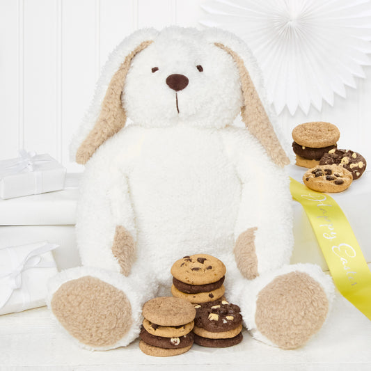 A stuffed bunny surrounded by an assortment of nibblers